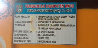 Rawan Korupsi, L-KONTAK Soroti DAK Fisik Bidang Pendidikan Tahun 2020 Kabupaten Wajo SMP N 2 Sajoanging, Kabupaten Wajo, Sulsela