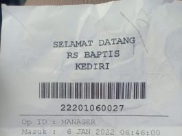 RS. Babtis Kota Kediri Indikasi Manfaatkan Lahan Parkir untuk Mengeruk Keuntungan Slip parkir saat keluar Rumah Sakit Babtis pada Kamis (6/01/2022) Foto: Kabiro kediri